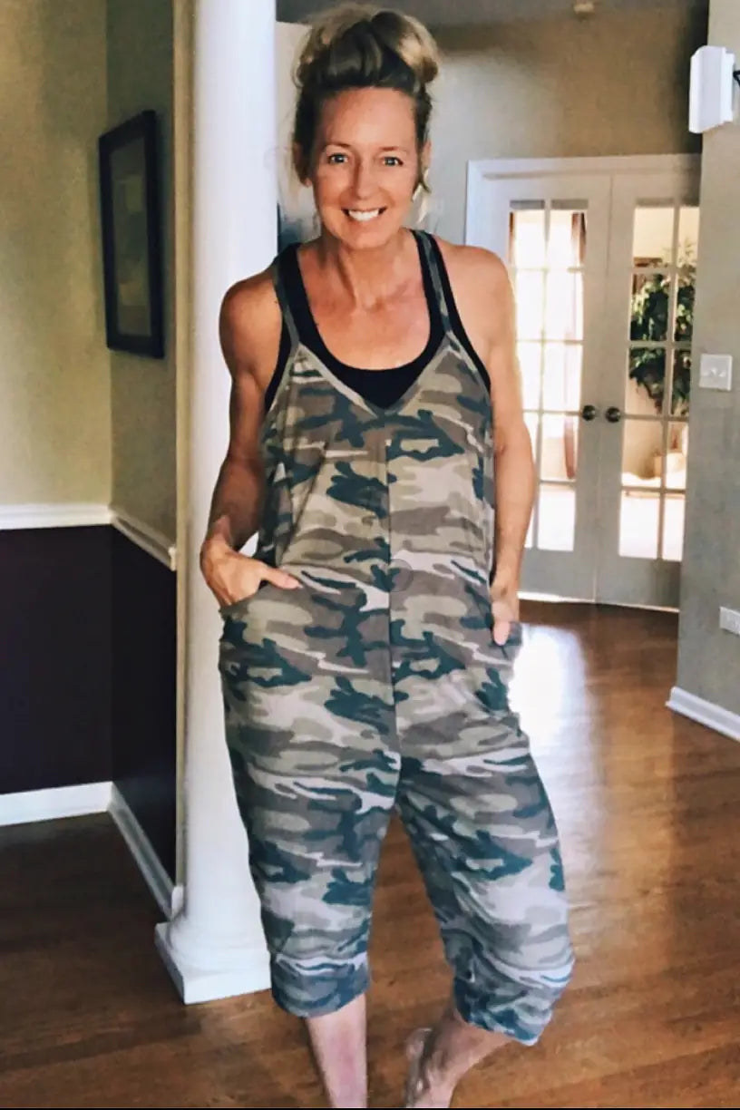 Camo Overall Jumpsuit with Pockets - Bottoms