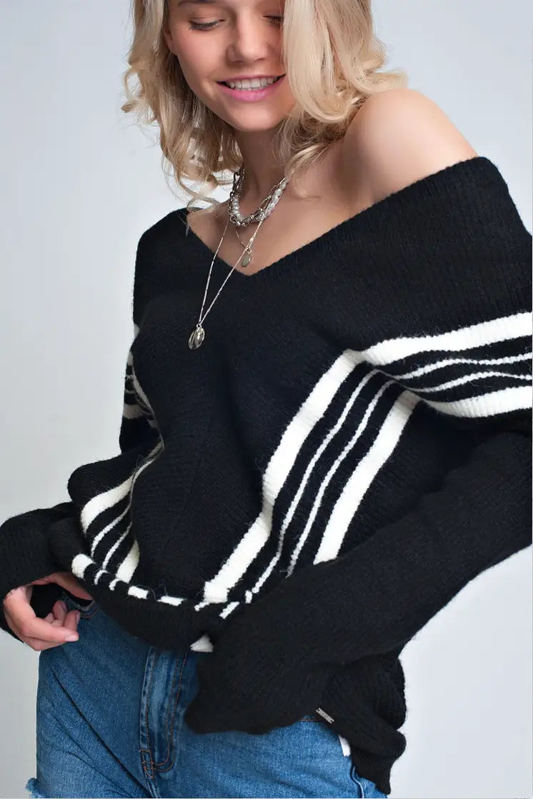 Take Me Back Black and White Sweater - Tops