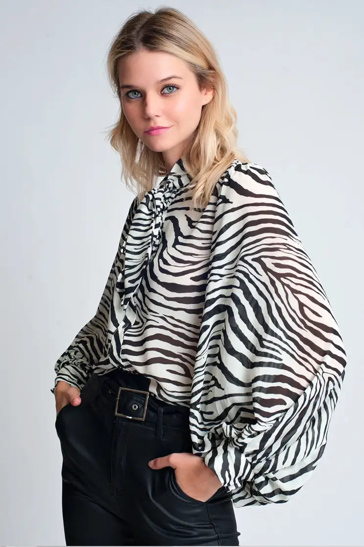 Zebra Print Flowy Sleeves Blouse - Tops