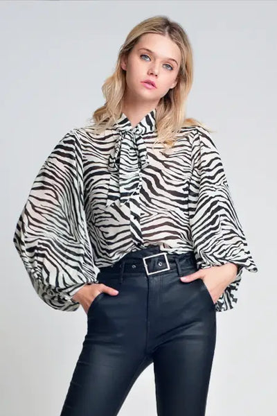 Zebra Print Flowy Sleeves Blouse - Tops
