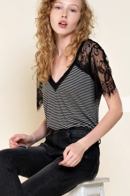 Sweetheart Black with White Stripes Top - Tops