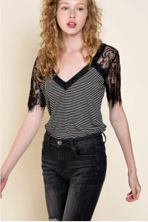 Sweetheart Black with White Stripes Top - Tops