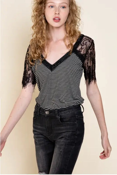 Sweetheart Black with White Stripes Top - Tops