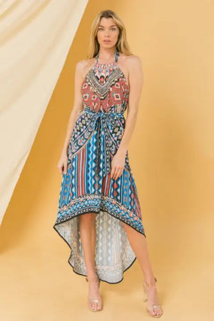 Mixed Pattern Halter Hi Low Dress - Dresses