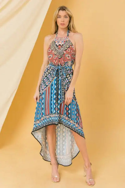 Mixed Pattern Halter Hi Low Dress - Dresses