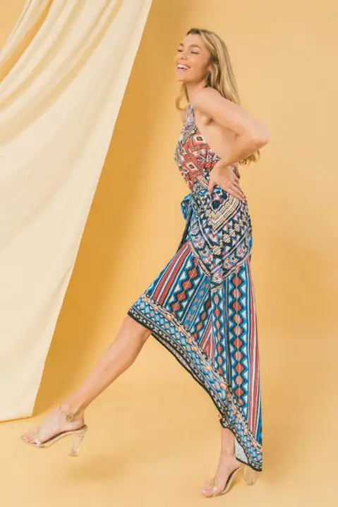 Mixed Pattern Halter Hi Low Dress - Dresses