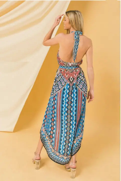 Mixed Pattern Halter Hi Low Dress - Dresses