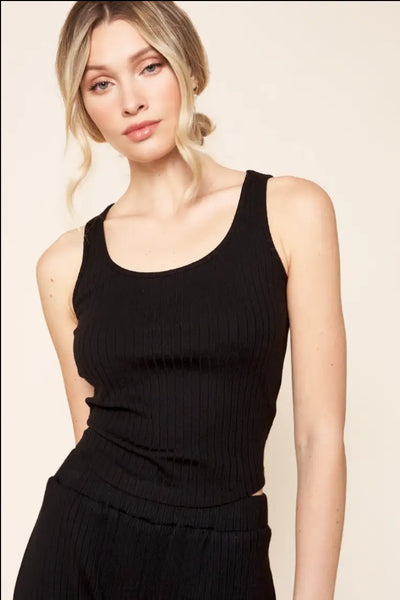 Black Ribbed Neck Top - Tops