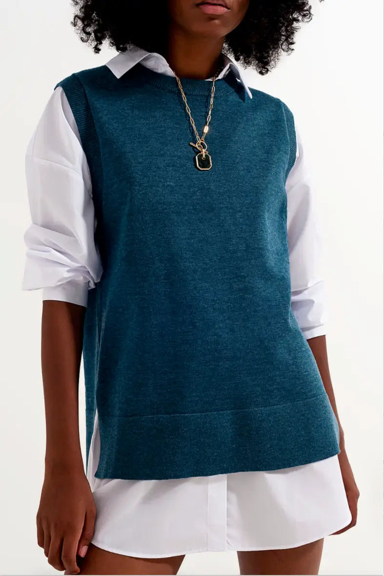 Blue Knitted Vest - Tops