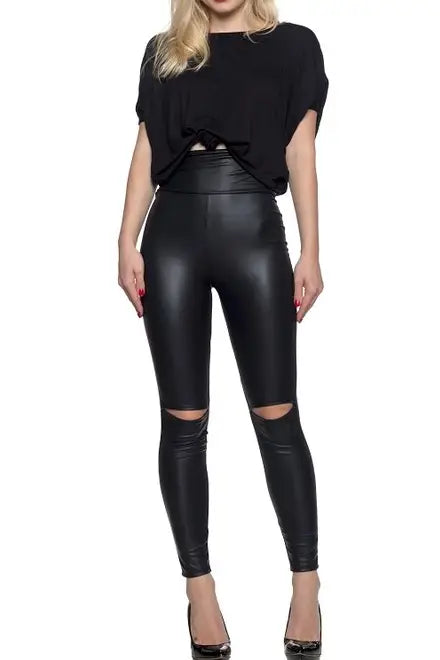Faux Leather Knee Slit Leggings - Bottoms