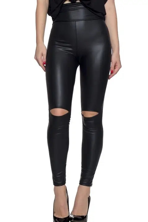 Faux Leather Knee Slit Leggings - Bottoms