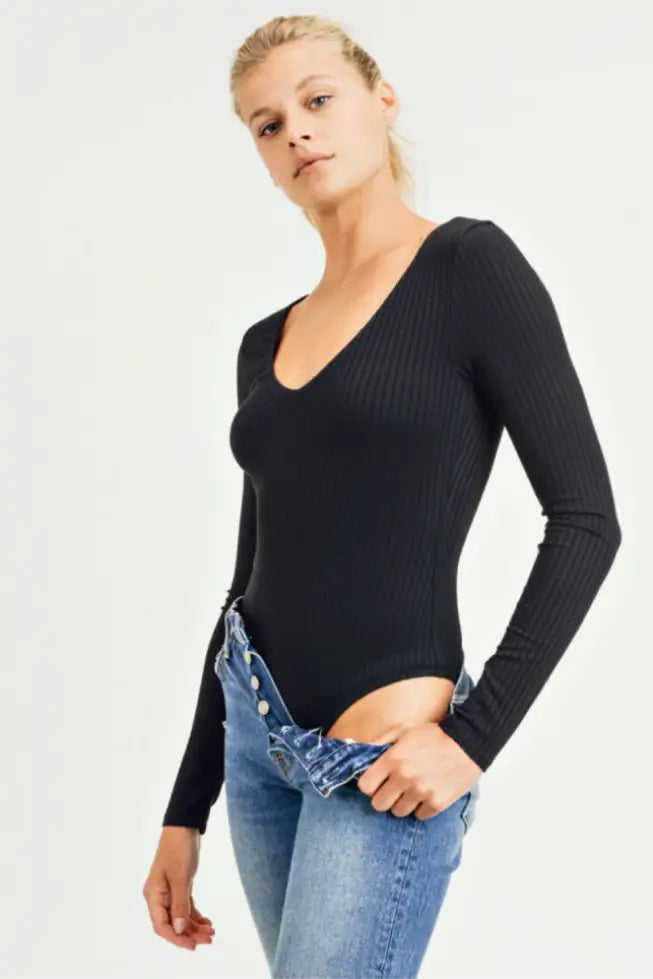 Black Ribbed Bodysuit - Tops