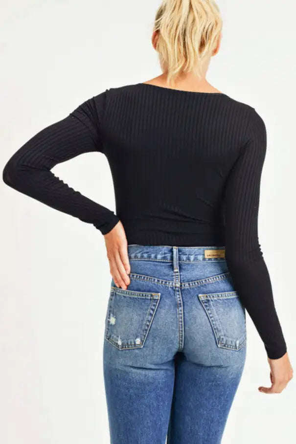 Black Ribbed Bodysuit - Tops