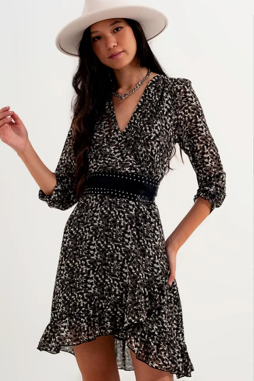 Gray Print Chiffon Mini Wrap Dress - Dresses