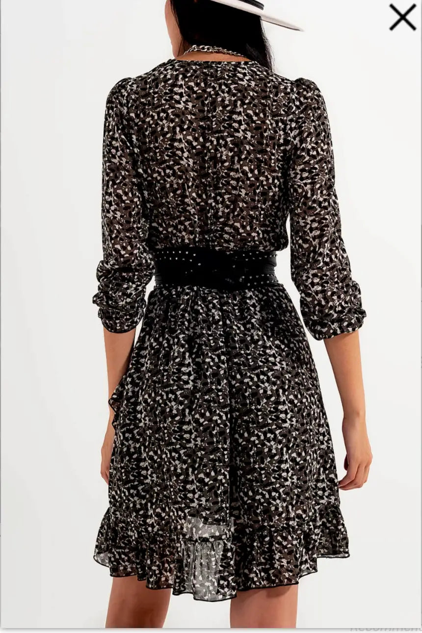 Gray Print Chiffon Mini Wrap Dress - Dresses