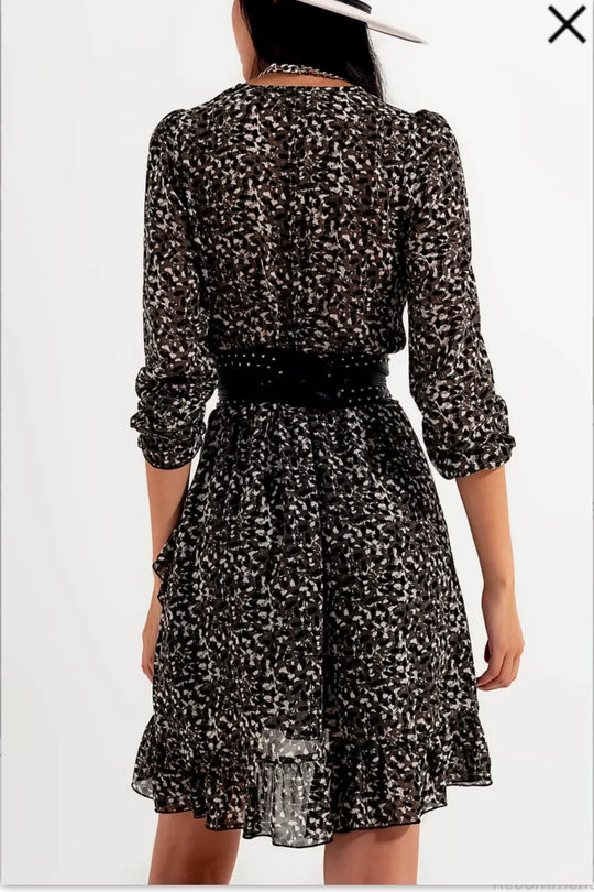 Gray Print Chiffon Mini Wrap Dress - Dresses