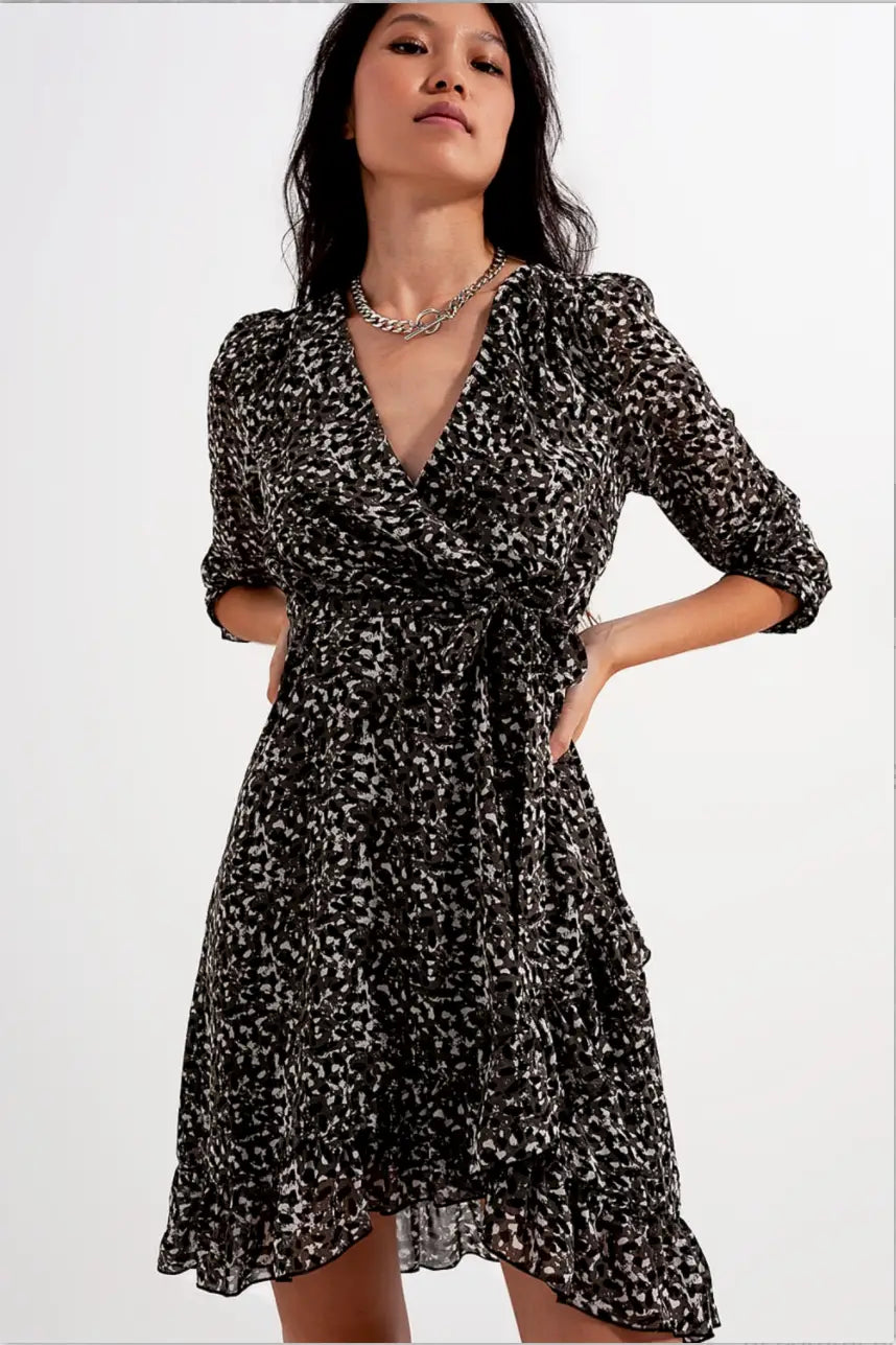 Gray Print Chiffon Mini Wrap Dress - Dresses