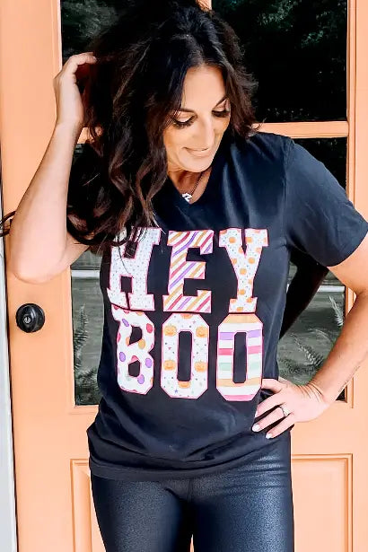 Hey Boo V-Neck Tee - Tops