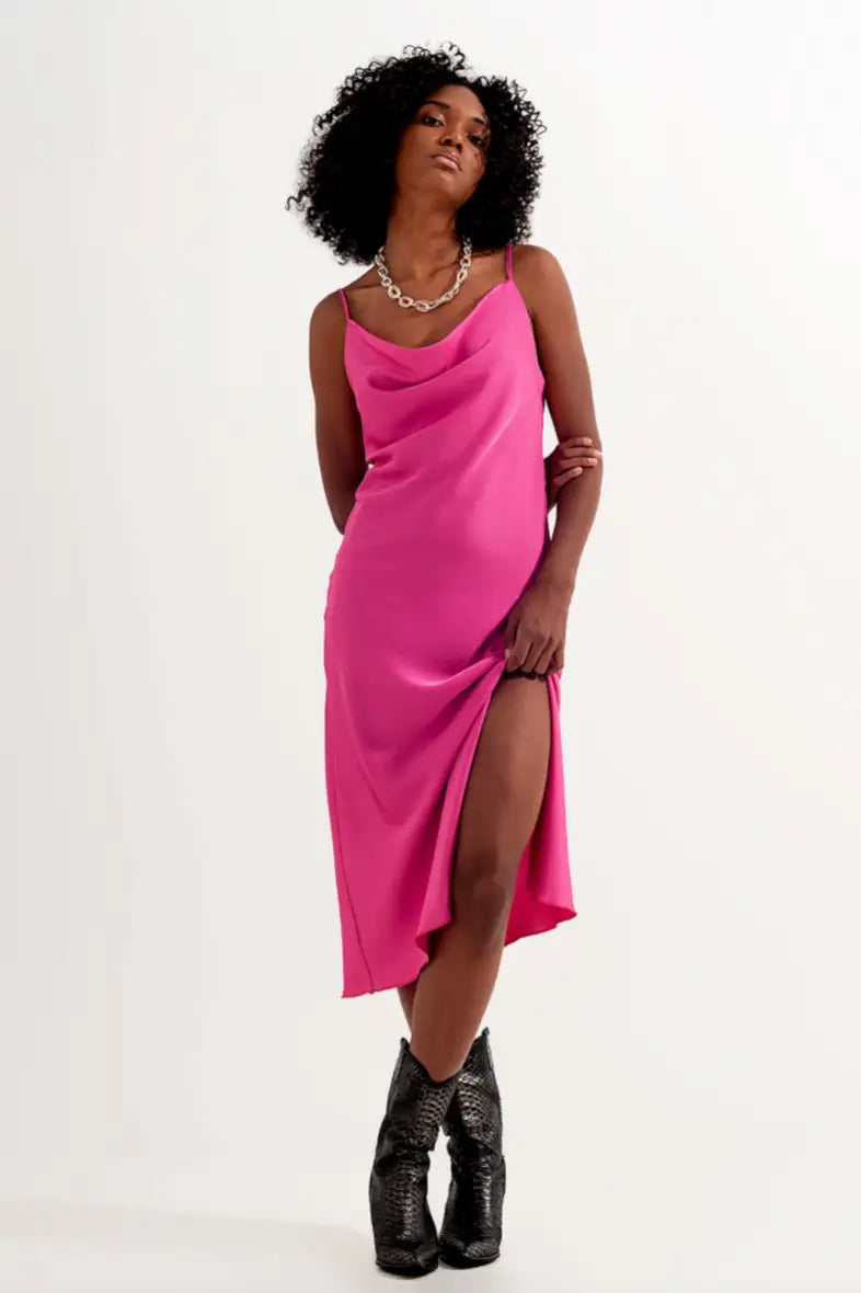 Marilyn Satin Cami Strap Dress in Fuchsia Pink - Dresses
