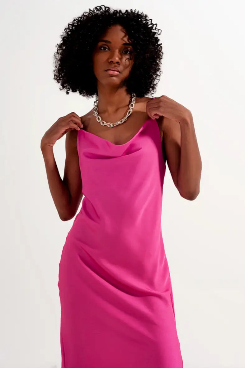 Marilyn Satin Cami Strap Dress in Fuchsia Pink - Dresses