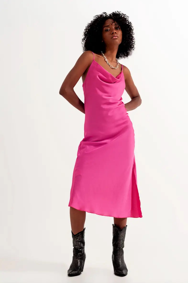 Marilyn Satin Cami Strap Dress in Fuchsia Pink - Dresses