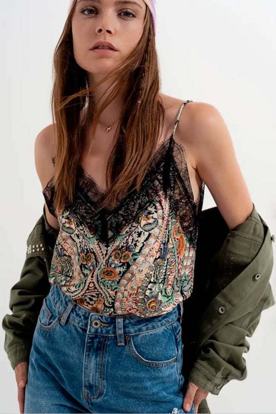 Paisley Satin and Lace Cami in Black - Tops