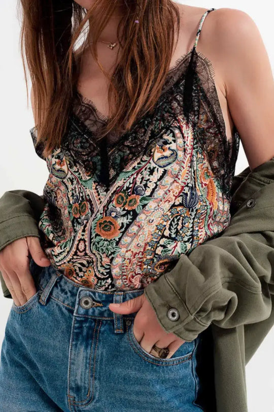 Paisley Satin and Lace Cami in Black - Tops