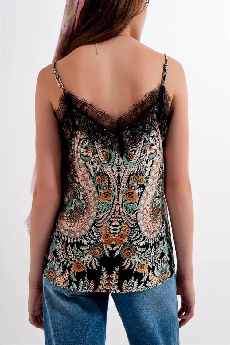Paisley Satin and Lace Cami in Black - Tops
