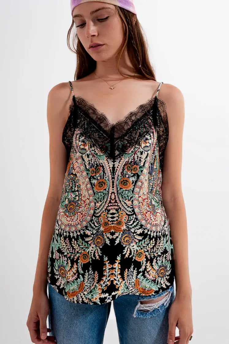 Paisley Satin and Lace Cami in Black - Tops