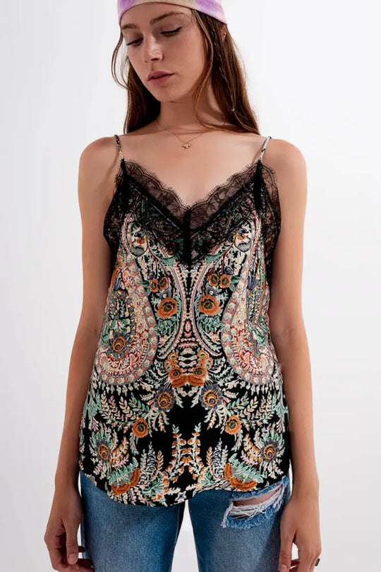 Paisley Satin and Lace Cami in Black - Tops