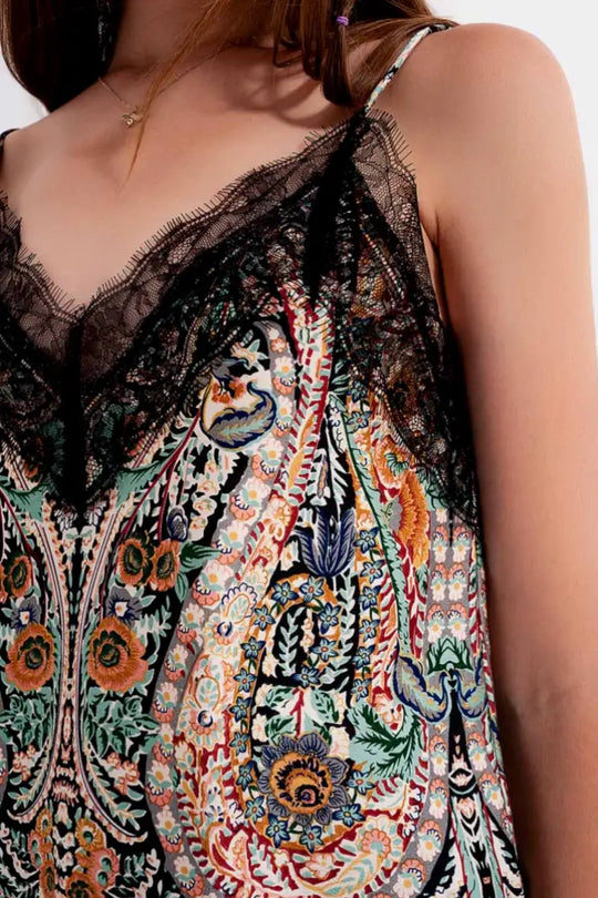 Paisley Satin and Lace Cami in Black - Tops