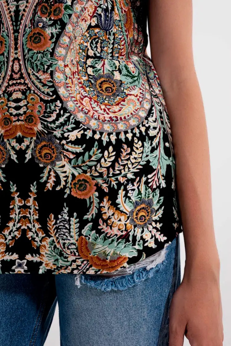 Paisley Satin and Lace Cami in Black - Tops