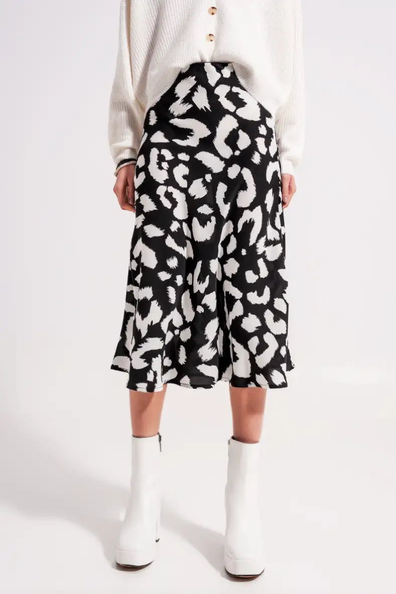 Vera Black and White Animal Print Midi Skirt - Bottoms