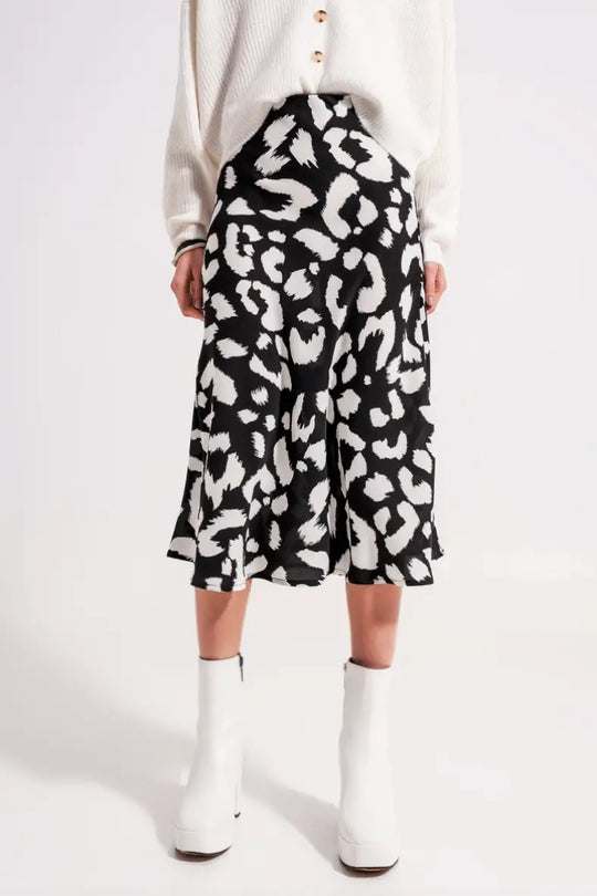 Vera Black and White Animal Print Midi Skirt - Bottoms