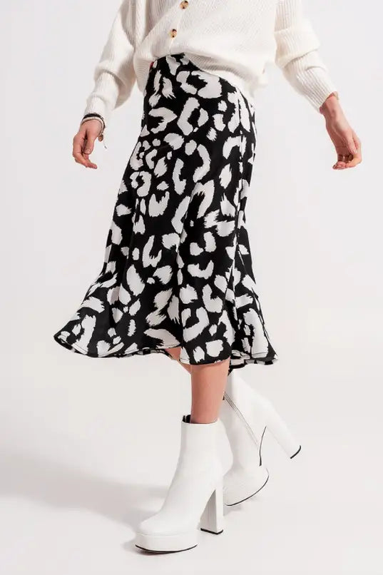 Vera Black and White Animal Print Midi Skirt - Bottoms