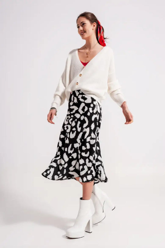 Vera Black and White Animal Print Midi Skirt - Bottoms