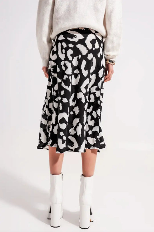 Vera Black and White Animal Print Midi Skirt - Bottoms