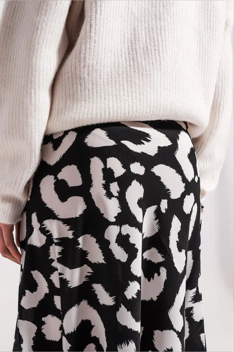 Vera Black and White Animal Print Midi Skirt - Bottoms