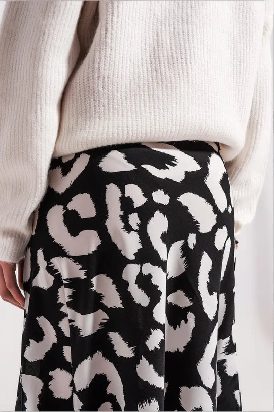 Vera Black and White Animal Print Midi Skirt - Bottoms