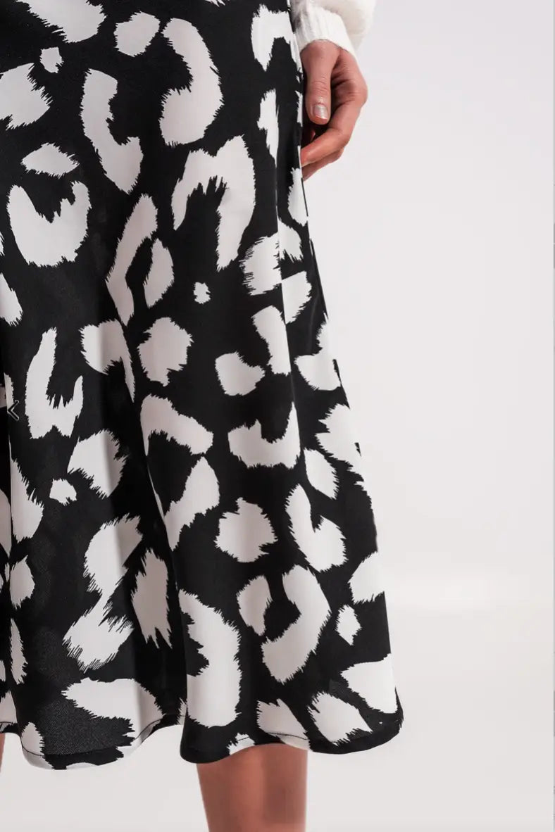Vera Black and White Animal Print Midi Skirt - Bottoms