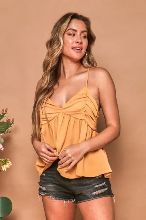 Mustard Yellow Ruched Peplum Top - Tops