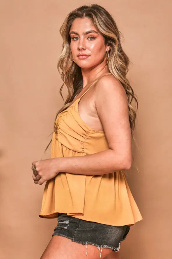 Mustard Yellow Ruched Peplum Top - Tops
