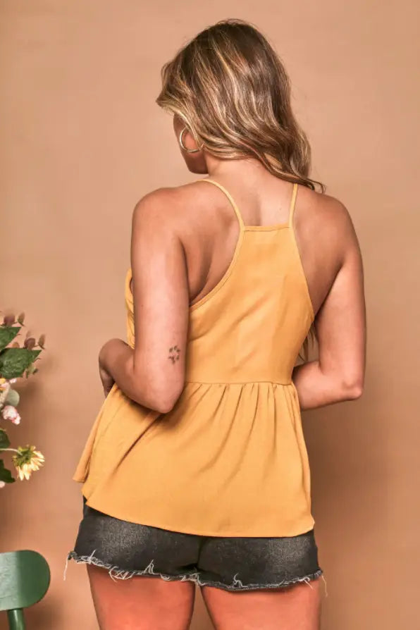 Mustard Yellow Ruched Peplum Top - Tops