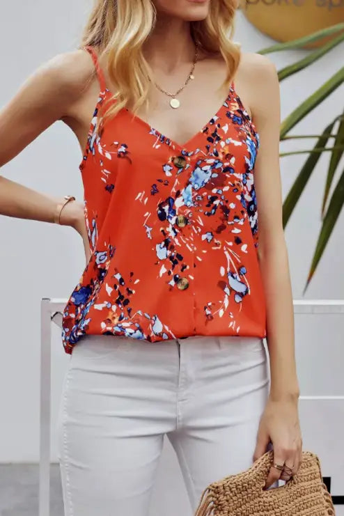 Orange Floral Cami Top with Buttons - Tops