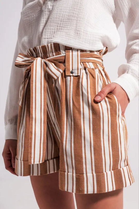 Presley Beige Stripe Paperbag Shorts - Bottoms
