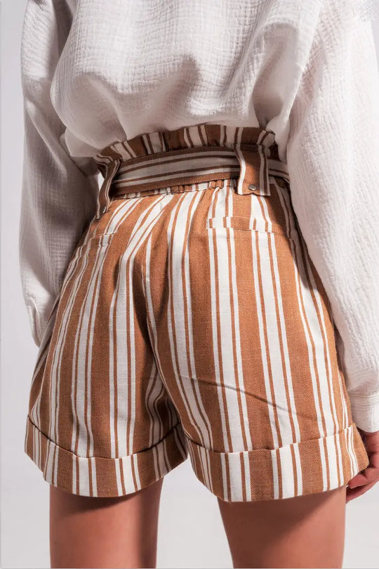 Presley Beige Stripe Paperbag Shorts - Bottoms