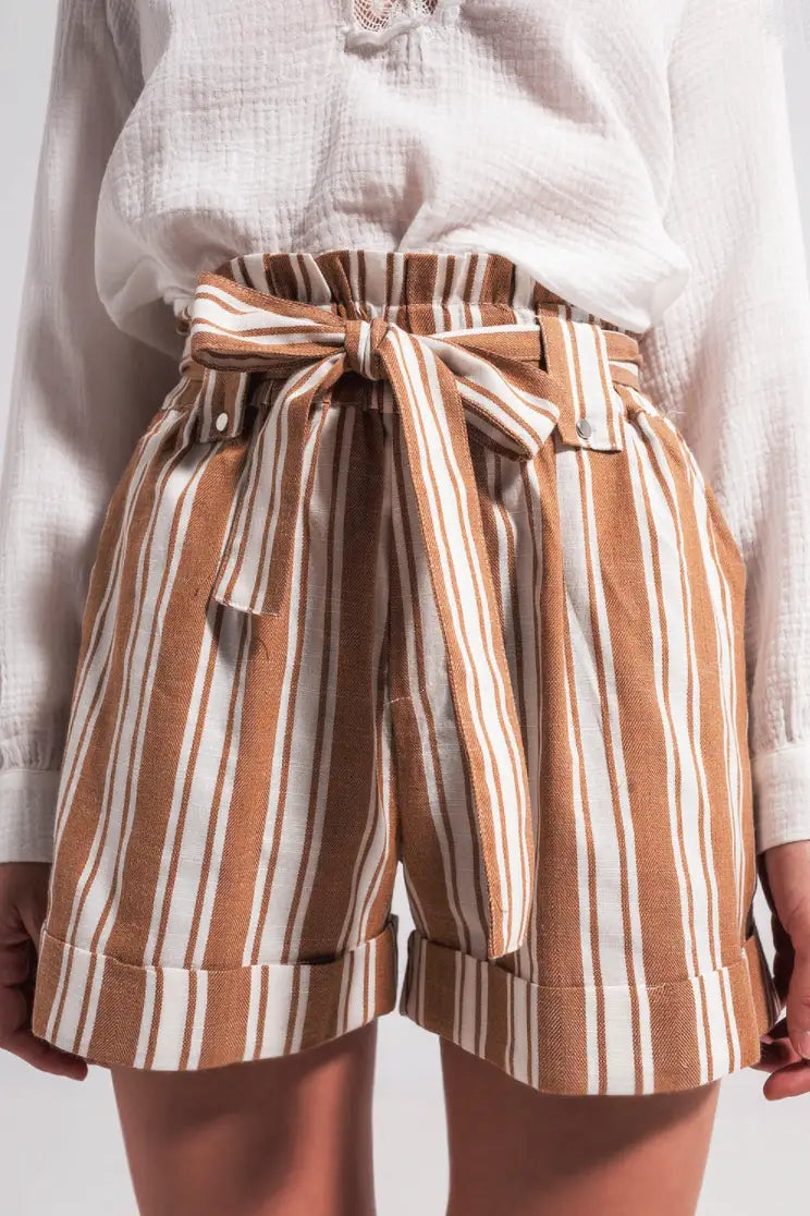 Presley Beige Stripe Paperbag Shorts - Bottoms