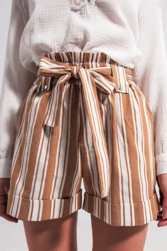 Presley Beige Stripe Paperbag Shorts - Bottoms
