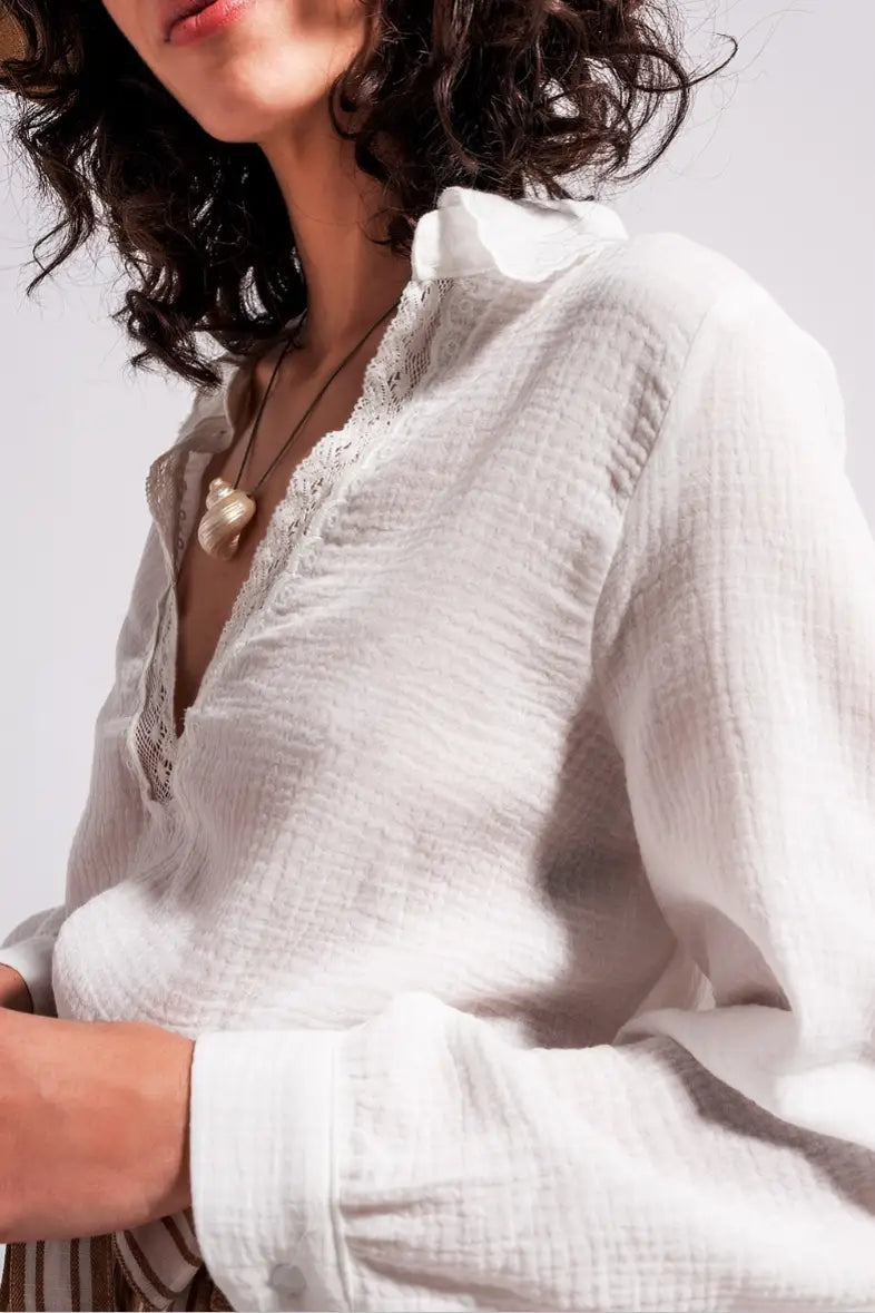 Romantic V Neck Cream Blouse - Tops