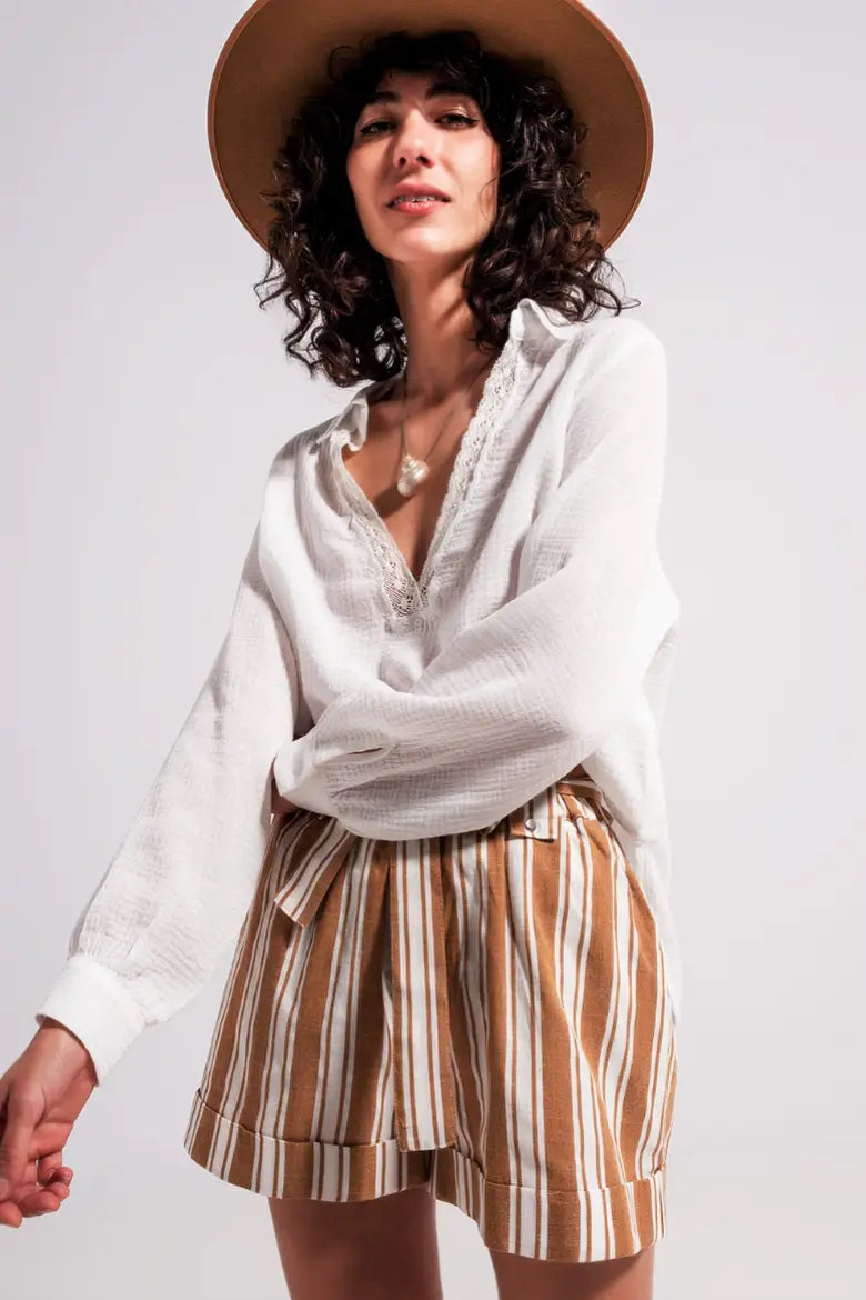 Romantic V Neck Cream Blouse - Tops